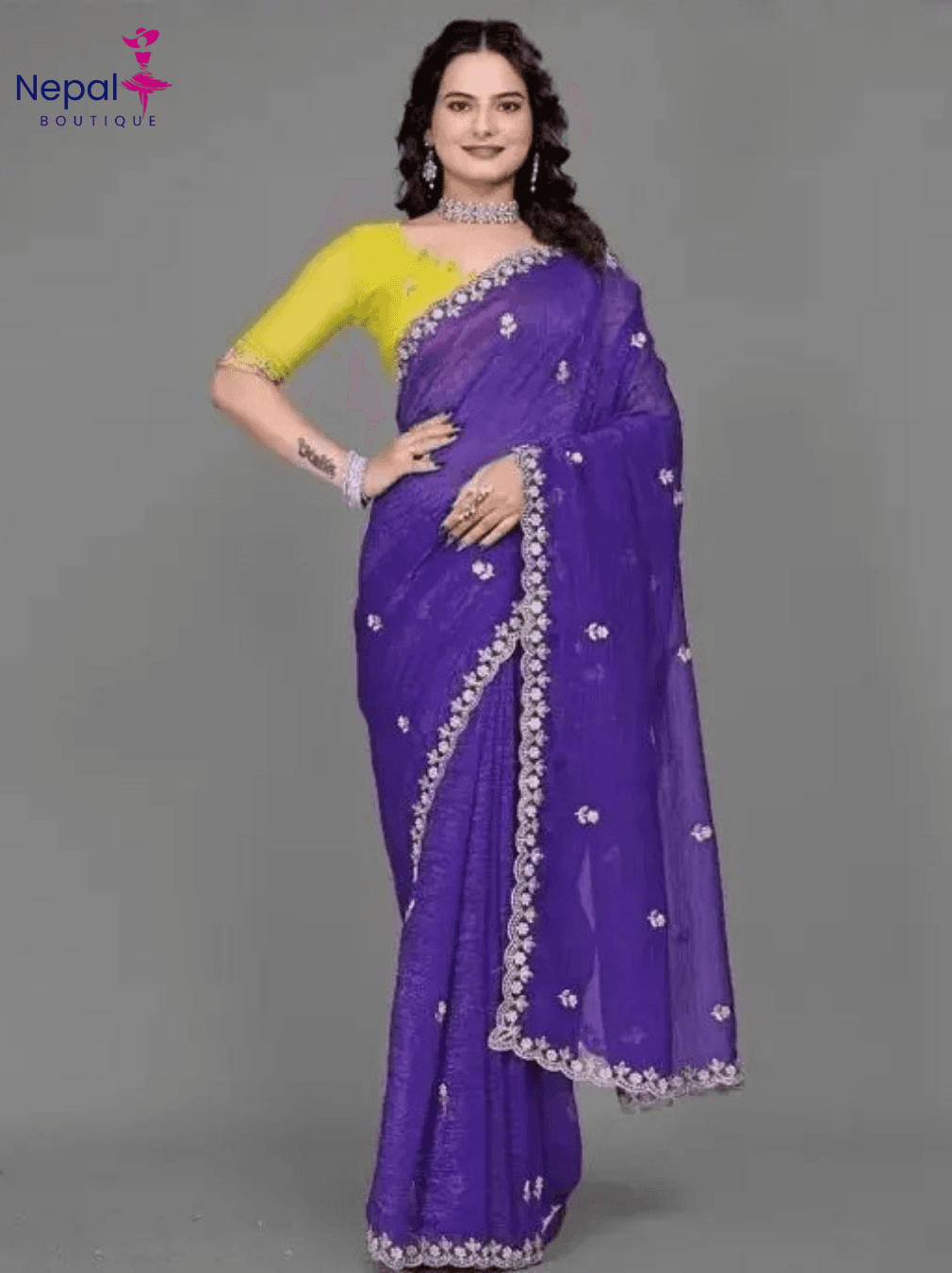Crunchy Fabric Purple saree with Embroidery work with Blouse | Trendy Party & Festive Wear | Traditional Ethnic Fashion | Buy Online
