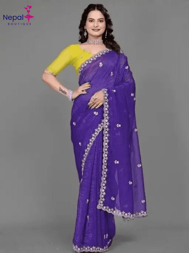Crunchy Fabric Purple saree with Embroidery work with Blouse | Trendy Party & Festive Wear | Traditional Ethnic Fashion | Buy Online