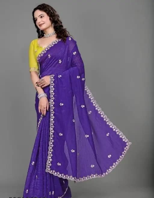 Crunchy Fabric Purple saree with Embroidery work with Blouse | Trendy Party & Festive Wear | Traditional Ethnic Fashion | Buy Online 1
