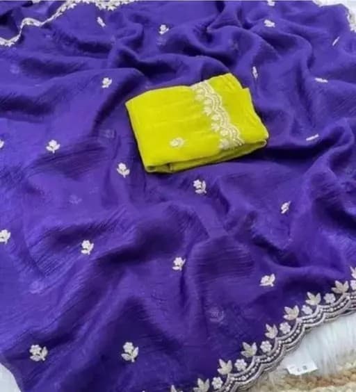 Crunchy Fabric Purple saree with Embroidery work with Blouse | Trendy Party & Festive Wear | Traditional Ethnic Fashion | Buy Online 5