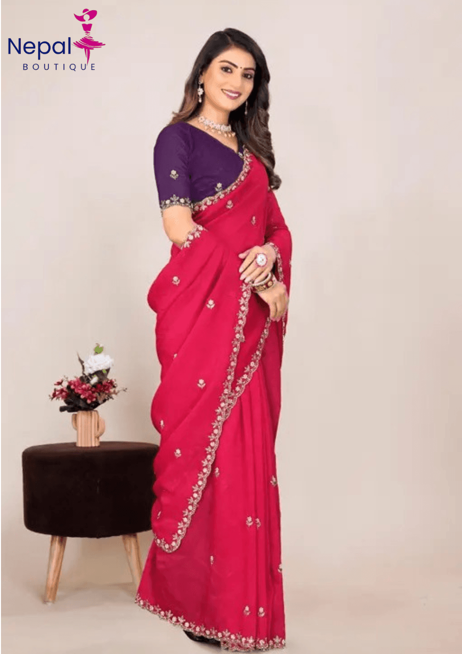 Crunchy Fabric saree with Embroidery work with Blouse in Rani Color | Available in Multi color | Trendy Party & Festive Wear | Traditional Ethnic Fashion | Buy Online
