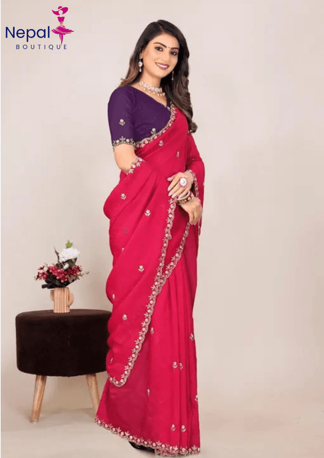 Crunchy Fabric saree with Embroidery work with Blouse in Rani Color | Available in Multi color | Trendy Party & Festive Wear | Traditional Ethnic Fashion | Buy Online