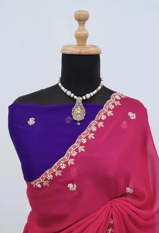 Crunchy Fabric saree with Embroidery work with Blouse in Rani Color | Available in Multi color | Trendy Party & Festive Wear | Traditional Ethnic Fashion | Buy Online 3