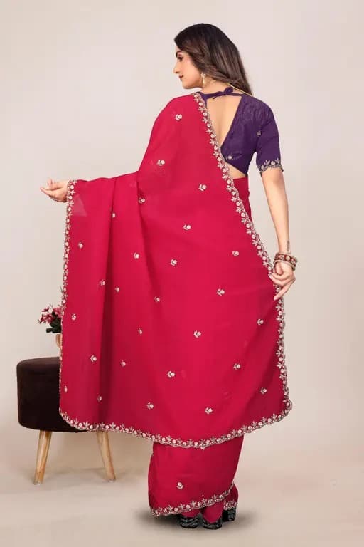 Crunchy Fabric saree with Embroidery work with Blouse in Rani Color | Available in Multi color | Trendy Party & Festive Wear | Traditional Ethnic Fashion | Buy Online 1