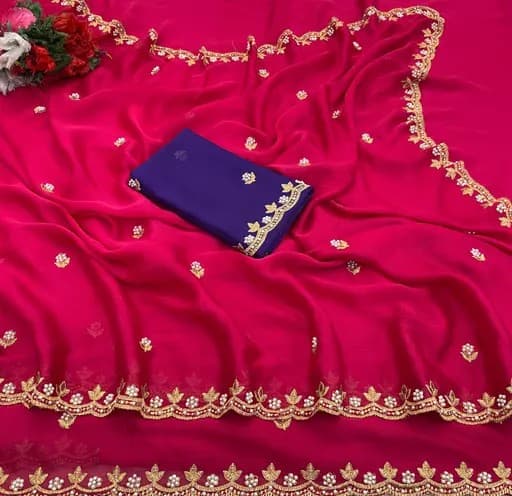 Crunchy Fabric saree with Embroidery work with Blouse in Rani Color | Available in Multi color | Trendy Party & Festive Wear | Traditional Ethnic Fashion | Buy Online 2