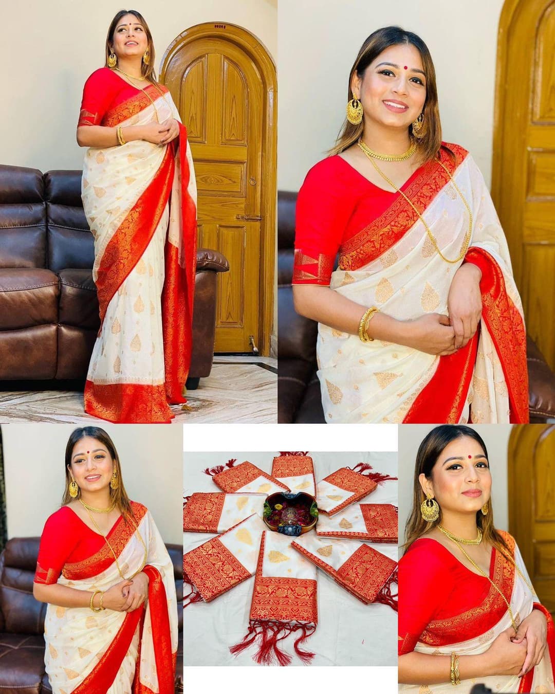 Latest Designer Bollywood Woven Banarasi Jacquard, Art Silk Saree White & Red Color/Multi Color/  Banarasi kanjiavarm paithani Bengali Bollywood patola litchi cotton silk saree | Trendy Party & Festive Wear | Traditional Ethnic Fashion | Buy Online 3