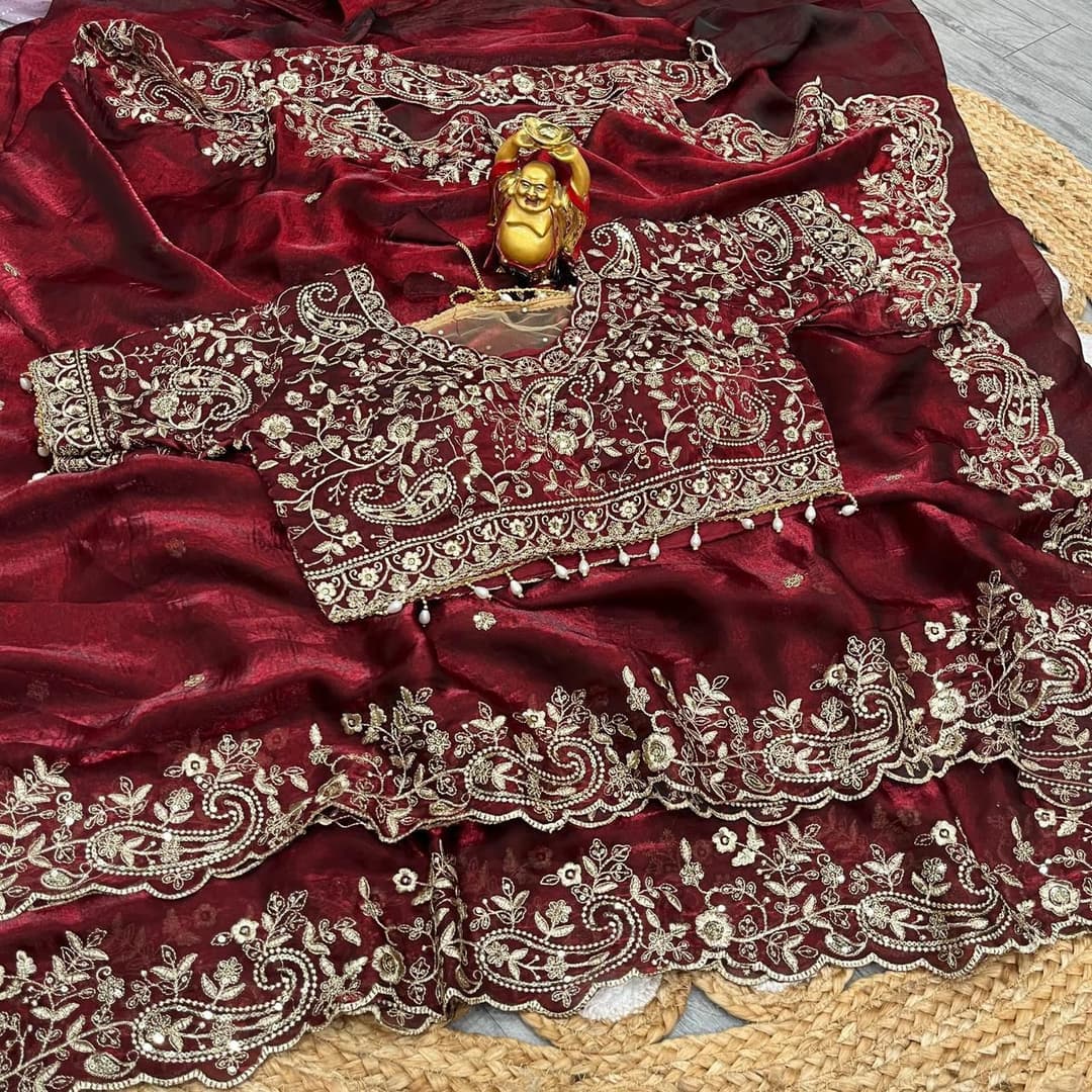 Heavy Zari work Embroidery silk saree party wear and wedding saree with stiched  blouse in Red color| Available in Multi color | Trendy Party & Festive Wear | Traditional Ethnic Fashion | Buy Online 1