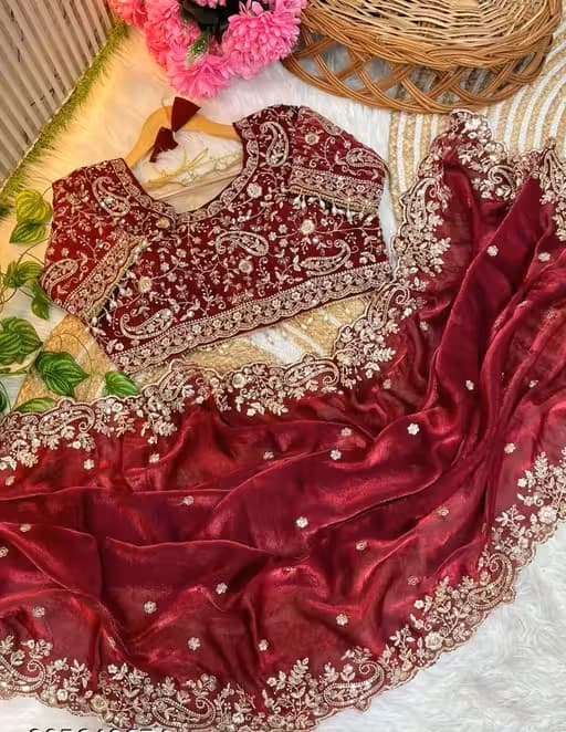Heavy Zari work Embroidery silk saree party wear and wedding saree with stiched  blouse in Red color| Available in Multi color | Trendy Party & Festive Wear | Traditional Ethnic Fashion | Buy Online 5