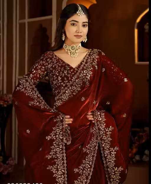 Heavy Zari work Embroidery silk saree party wear and wedding saree with stiched  blouse in Red color| Available in Multi color | Trendy Party & Festive Wear | Traditional Ethnic Fashion | Buy Online 6
