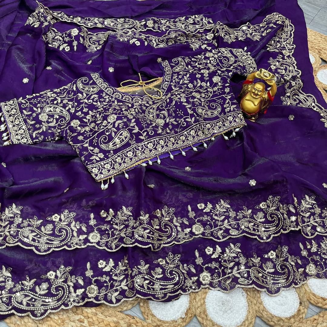 Heavy Zari work Embroidery silk saree party wear and wedding saree with stiched  blouse in Purple color| Available in Multi color | Trendy Party & Festive Wear | Traditional Ethnic Fashion | Buy Online 2