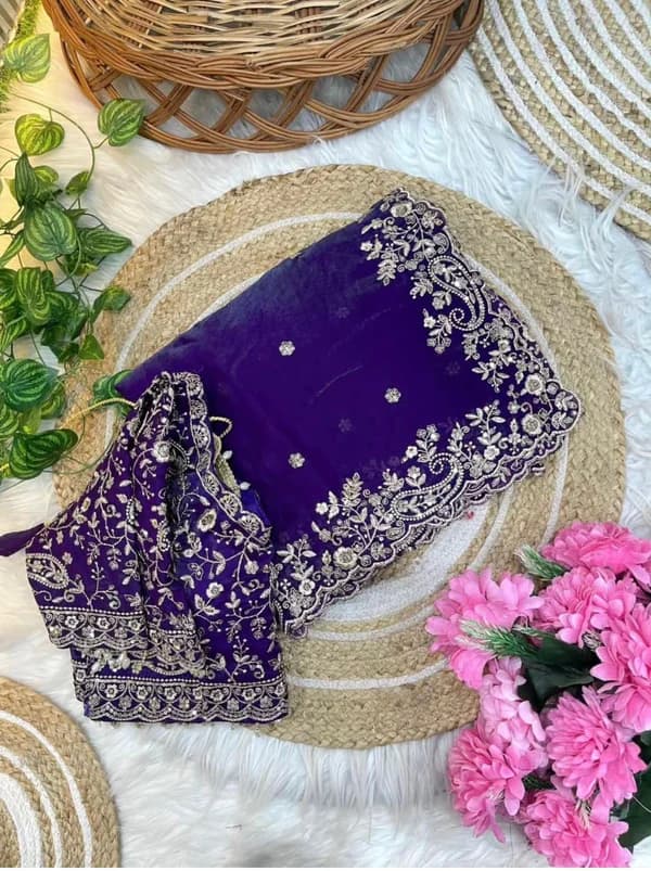 Heavy Zari work Embroidery silk saree party wear and wedding saree with stiched  blouse in Purple color| Available in Multi color | Trendy Party & Festive Wear | Traditional Ethnic Fashion | Buy Online 6