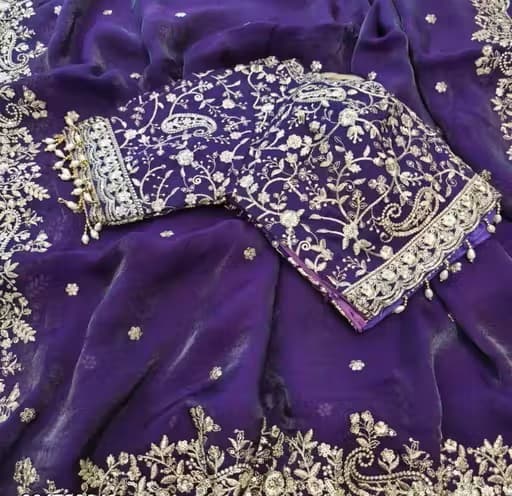 Heavy Zari work Embroidery silk saree party wear and wedding saree with stiched  blouse in Purple color| Available in Multi color | Trendy Party & Festive Wear | Traditional Ethnic Fashion | Buy Online 5