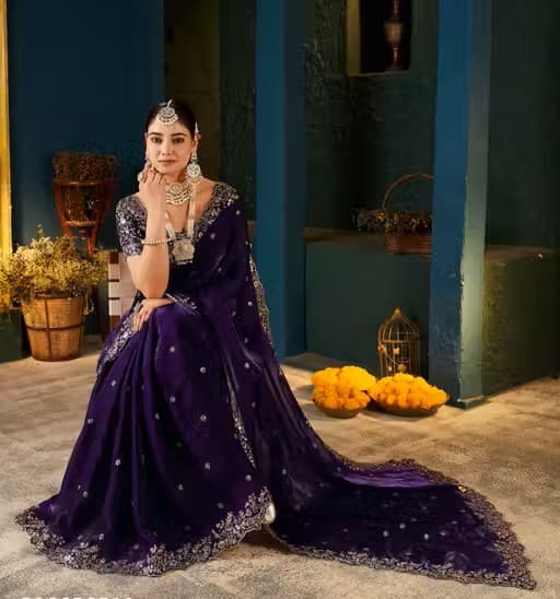 Heavy Zari work Embroidery silk saree party wear and wedding saree with stiched  blouse in Purple color| Available in Multi color | Trendy Party & Festive Wear | Traditional Ethnic Fashion | Buy Online 1