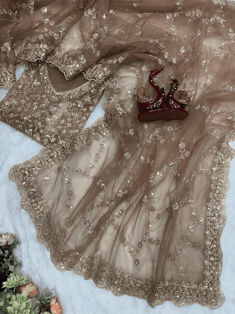 Bollywood style Golden Net Saree with Intricate Sequence Embroidery party wear and wedding saree with unstiched blouse | Trendy Party & Festive Wear | Traditional Ethnic Fashion | Buy Online 4
