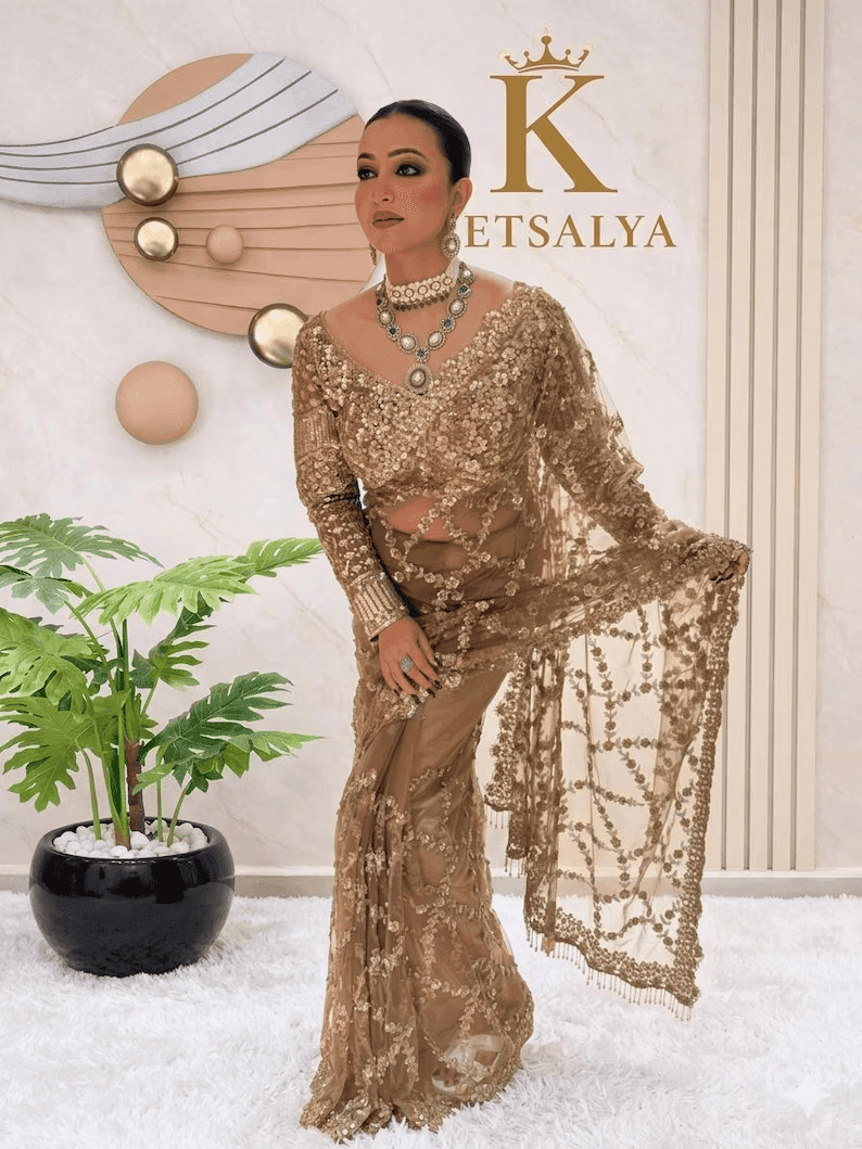 Bollywood style Golden Net Saree with Intricate Sequence Embroidery party wear and wedding saree with unstiched blouse | Trendy Party & Festive Wear | Traditional Ethnic Fashion | Buy Online