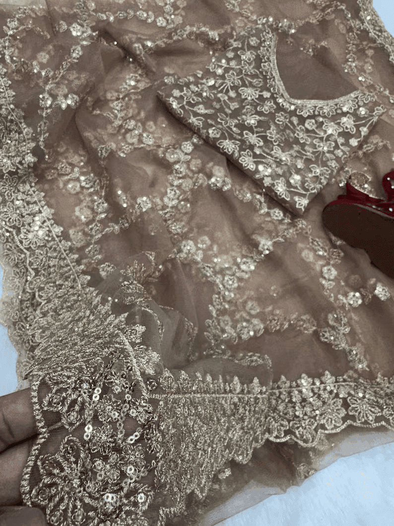 Bollywood style Golden Net Saree with Intricate Sequence Embroidery party wear and wedding saree with unstiched blouse | Trendy Party & Festive Wear | Traditional Ethnic Fashion | Buy Online 3