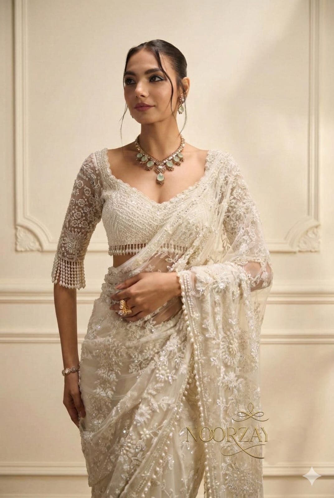 Bollywood Sequin Embroidery Saree | Heavy Mono Net Pearl Border Party wear and Wedding saree with unstiched blouse | Trendy Party & Festive Wear | Traditional Ethnic Fashion | Buy Online 5