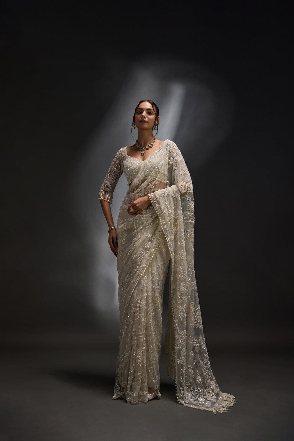 Bollywood Sequin Embroidery Saree | Heavy Mono Net Pearl Border Party wear and Wedding saree with unstiched blouse | Trendy Party & Festive Wear | Traditional Ethnic Fashion | Buy Online 2