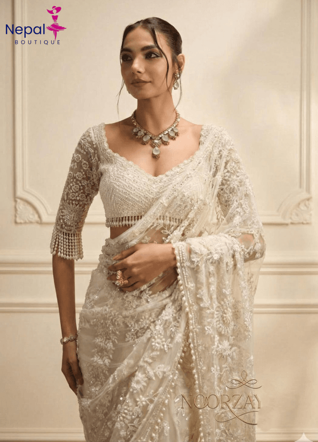 Bollywood Sequin Embroidery Saree | Heavy Mono Net Pearl Border Party wear and Wedding saree with unstiched blouse | Trendy Party & Festive Wear | Traditional Ethnic Fashion | Buy Online