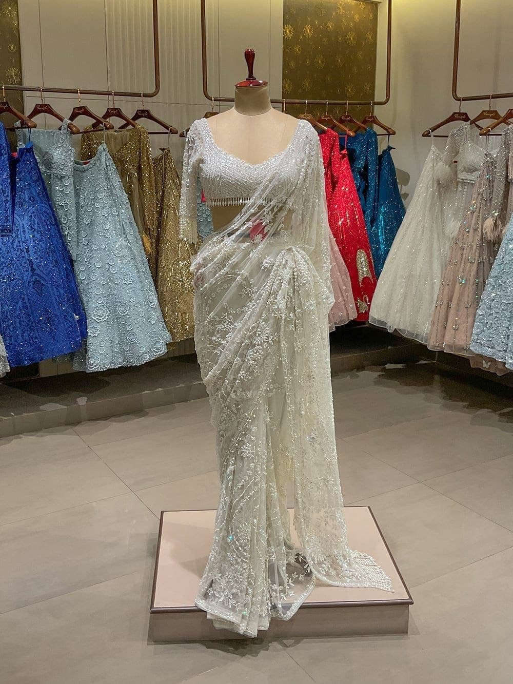 Bollywood Sequin Embroidery Saree | Heavy Mono Net Pearl Border Party wear and Wedding saree with unstiched blouse | Trendy Party & Festive Wear | Traditional Ethnic Fashion | Buy Online 1