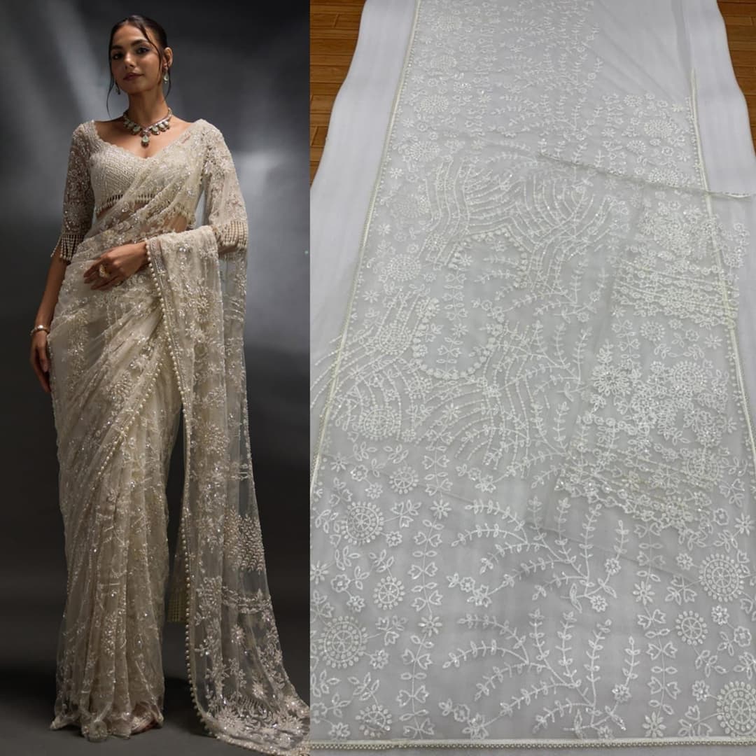 Bollywood Sequin Embroidery Saree | Heavy Mono Net Pearl Border Party wear and Wedding saree with unstiched blouse | Trendy Party & Festive Wear | Traditional Ethnic Fashion | Buy Online 4