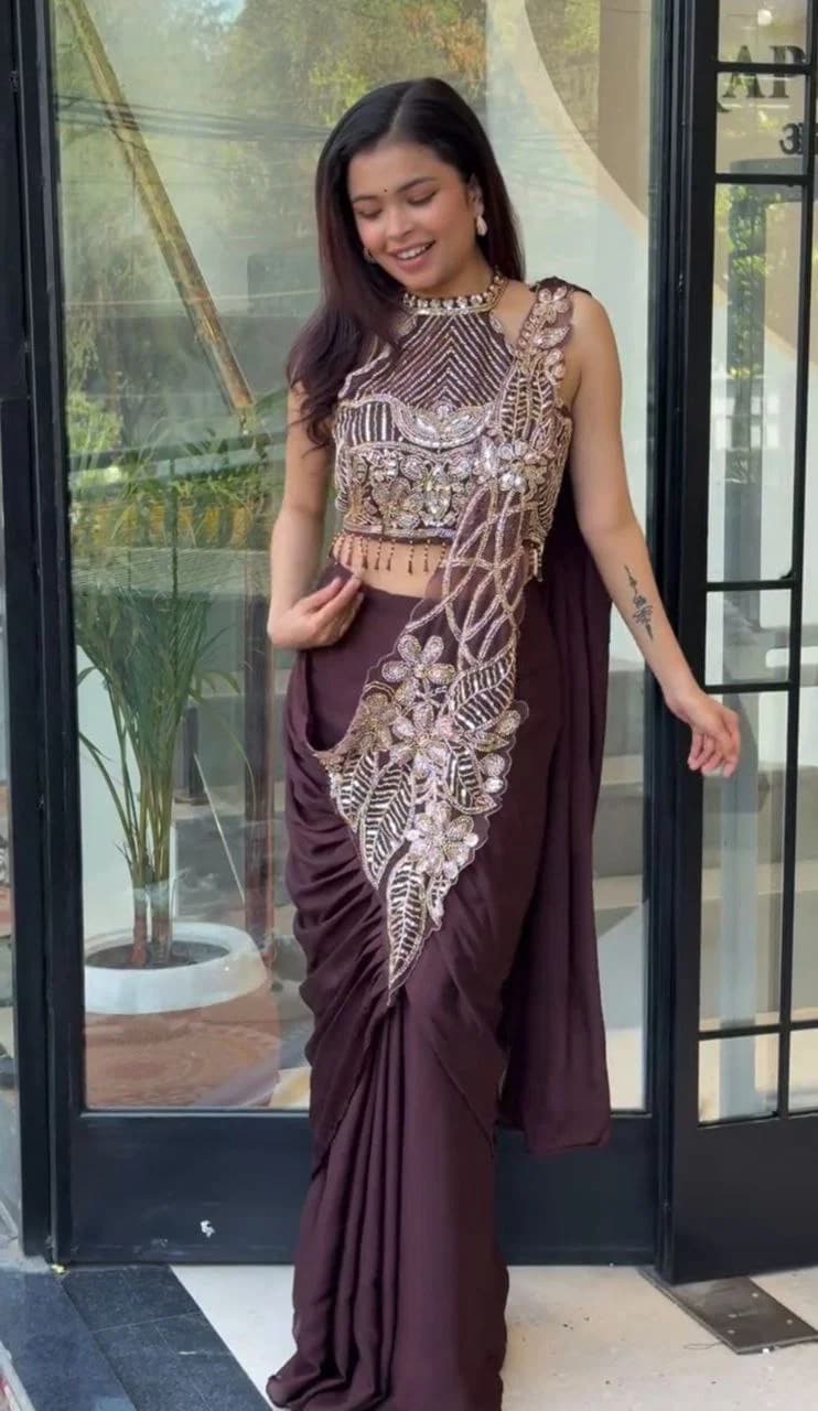 Women Ready to wear saree with Embroidery sequence Work Fully stiched star gerogette Blouses| Ready to wear Lehenga Choli | Heavy Work Party wear and Wedding special | Trendy Party & Festive Wear | Traditional Ethnic Fashion | Buy Online 1