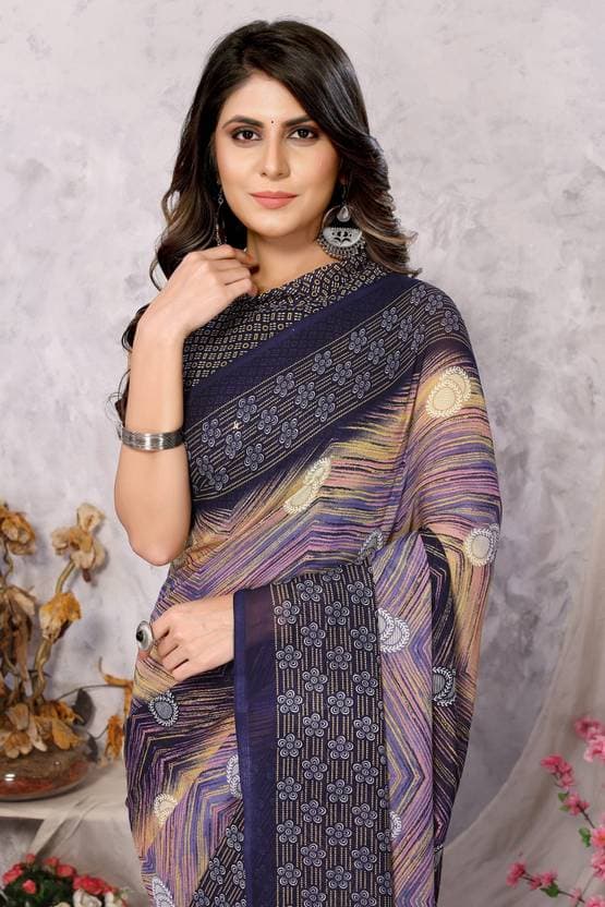 Women's Trendy Printed Bollywood Georgette Saree with Blouse Material free size Navy Blue Color | Trendy Party & Festive Wear | Traditional Ethnic Fashion | Buy Online 1