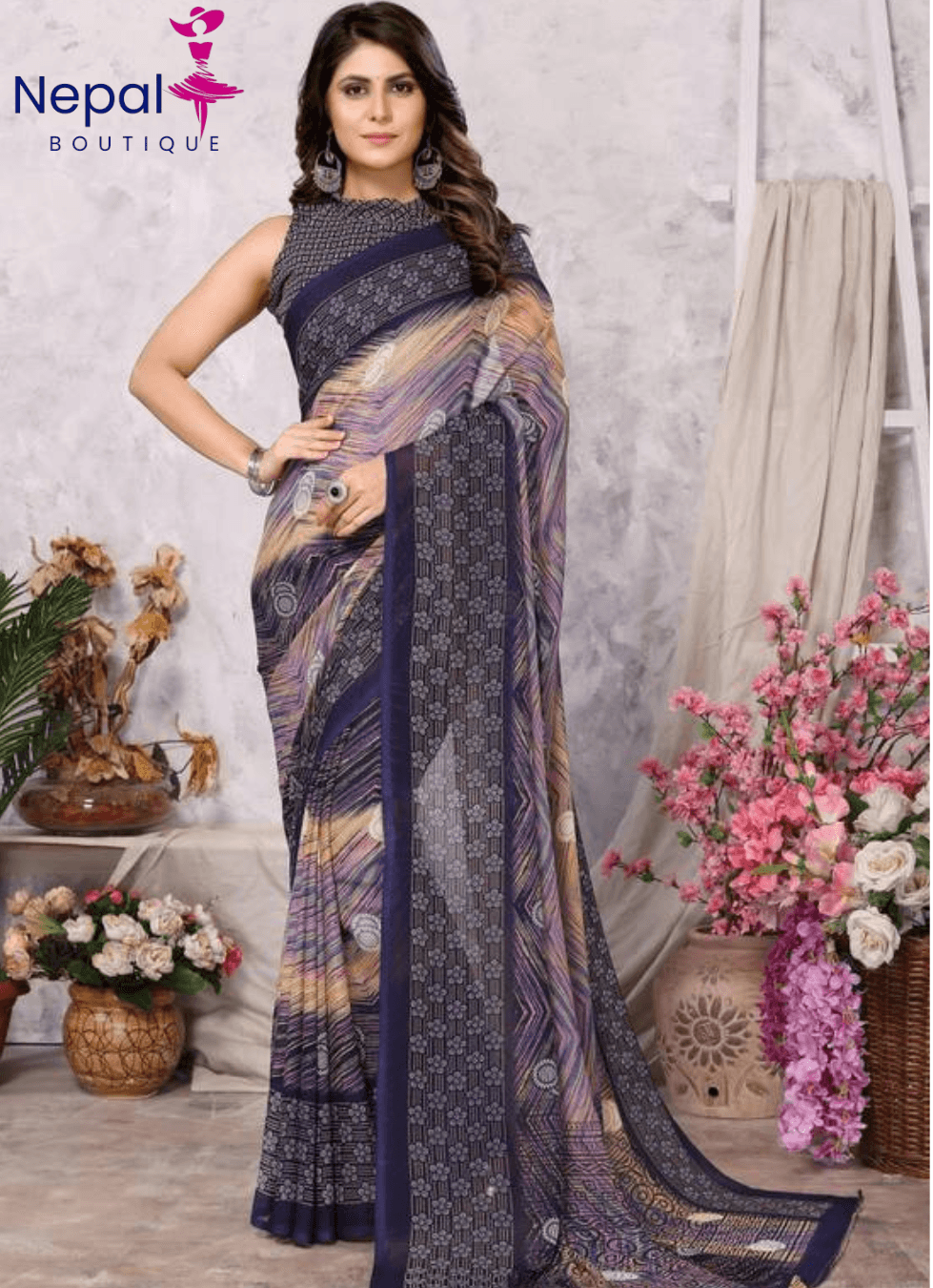 Women's Trendy Printed Bollywood Georgette Saree with Blouse Material free size Navy Blue Color | Trendy Party & Festive Wear | Traditional Ethnic Fashion | Buy Online