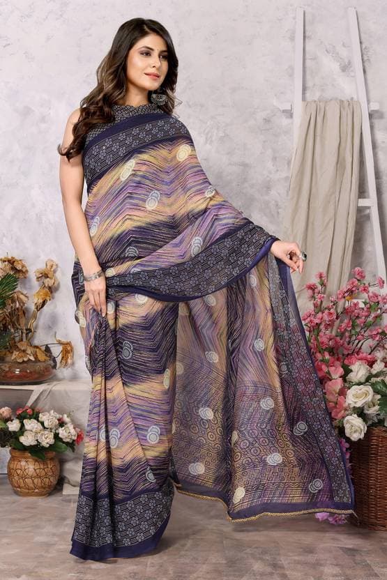 Women's Trendy Printed Bollywood Georgette Saree with Blouse Material free size Navy Blue Color | Trendy Party & Festive Wear | Traditional Ethnic Fashion | Buy Online 2