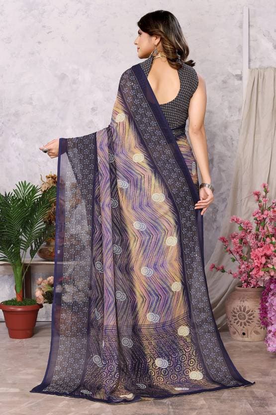 Women's Trendy Printed Bollywood Georgette Saree with Blouse Material free size Navy Blue Color | Trendy Party & Festive Wear | Traditional Ethnic Fashion | Buy Online 3