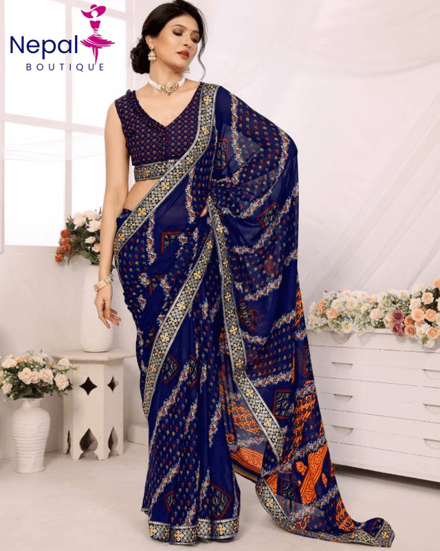 Women's Woven Latest Georgette Saree with Lace and Blouse Material free size Navy Blue Color | Trendy Party & Festive Wear | Traditional Ethnic Fashion | Buy Online