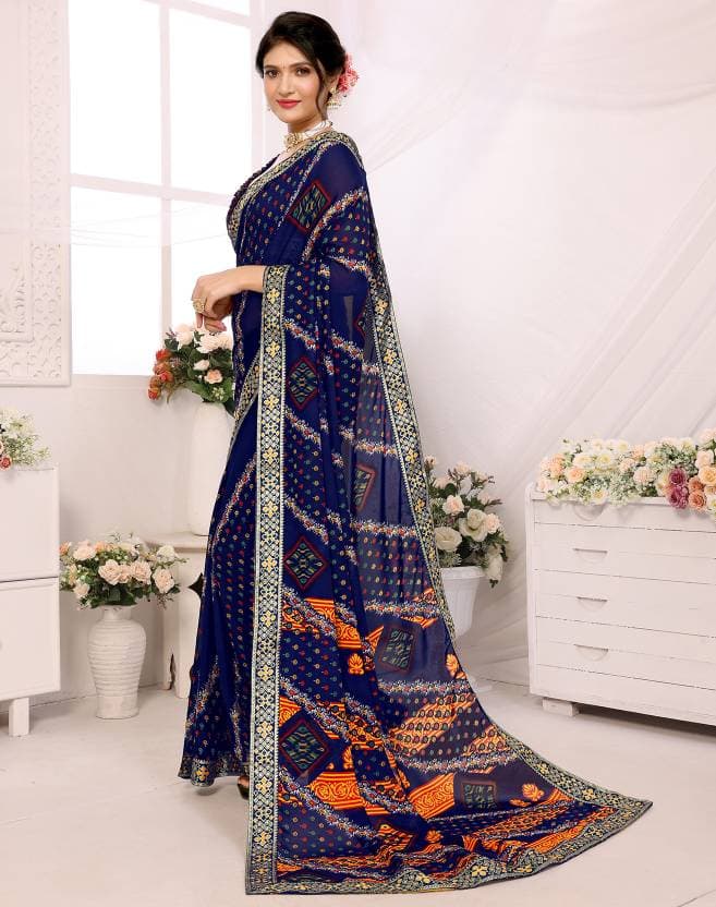 Women's Woven Latest Georgette Saree with Lace and Blouse Material free size Navy Blue Color | Trendy Party & Festive Wear | Traditional Ethnic Fashion | Buy Online 1