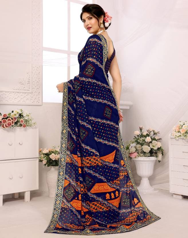 Women's Woven Latest Georgette Saree with Lace and Blouse Material free size Navy Blue Color | Trendy Party & Festive Wear | Traditional Ethnic Fashion | Buy Online 2