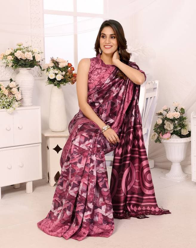 Womens Printed Mysore Art Silk Saree with Blouse Material free size Purple Color | Trendy Party & Festive Wear | Traditional Ethnic Fashion | Buy Online 3