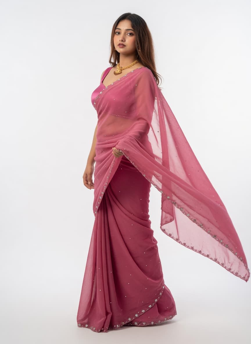 Pink Sequined Georgette Saree with Blouse | Party Wear Designer Saree for Women 2