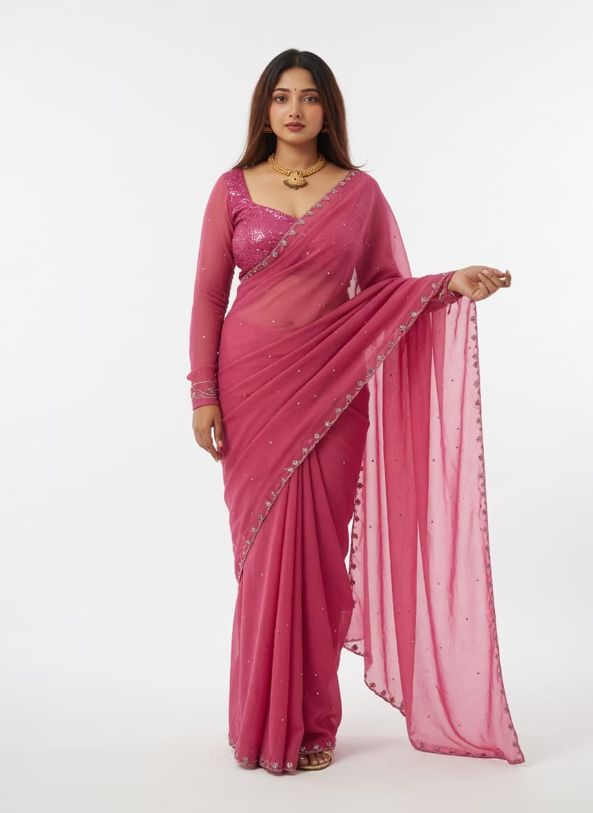 Pink Sequined Georgette Saree with Blouse | Party Wear Designer Saree for Women