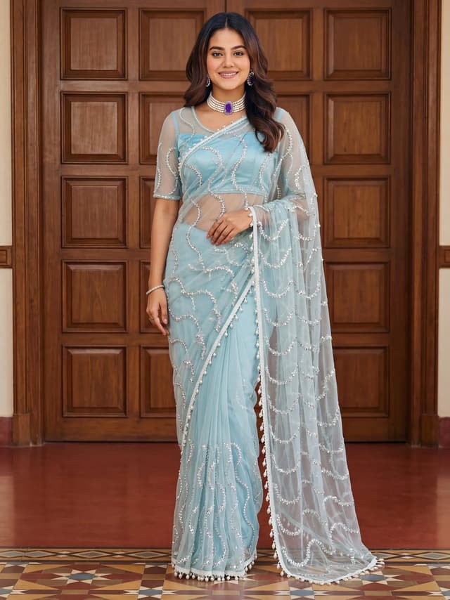 Classic Sky Blue Pearl Work Net Designer Saree With Blouse