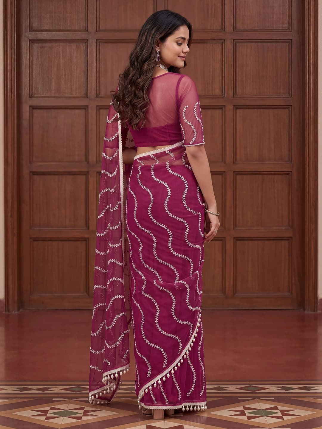 Attractive Rani Pink Bead Work Net Reception Wear Saree With Blouse ( Pink)  2