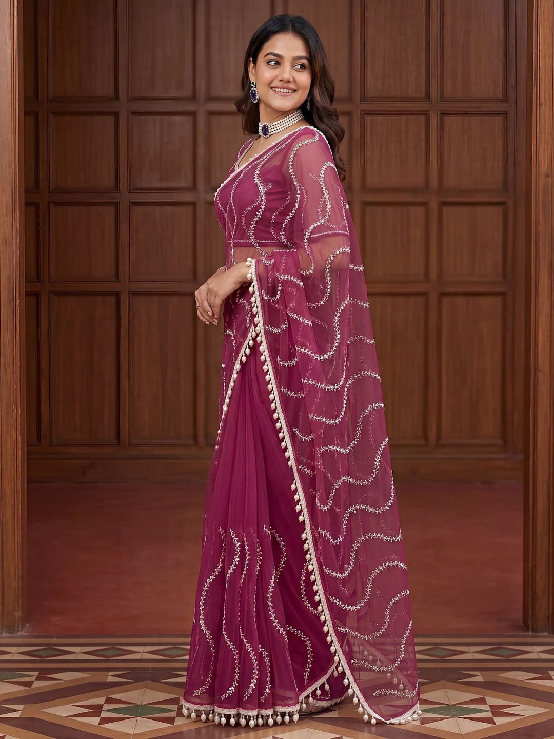 Attractive Rani Pink Bead Work Net Reception Wear Saree With Blouse ( Pink)  3