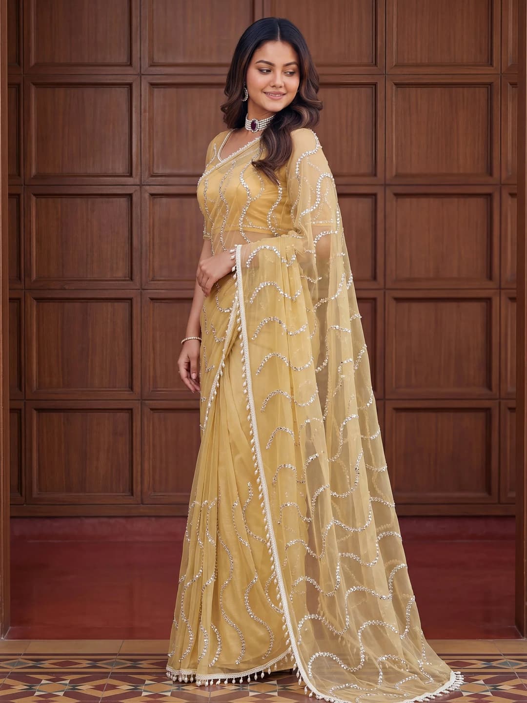 Timeless Yellow Bead Embroidery Net Event Wear Saree With Blouse 4