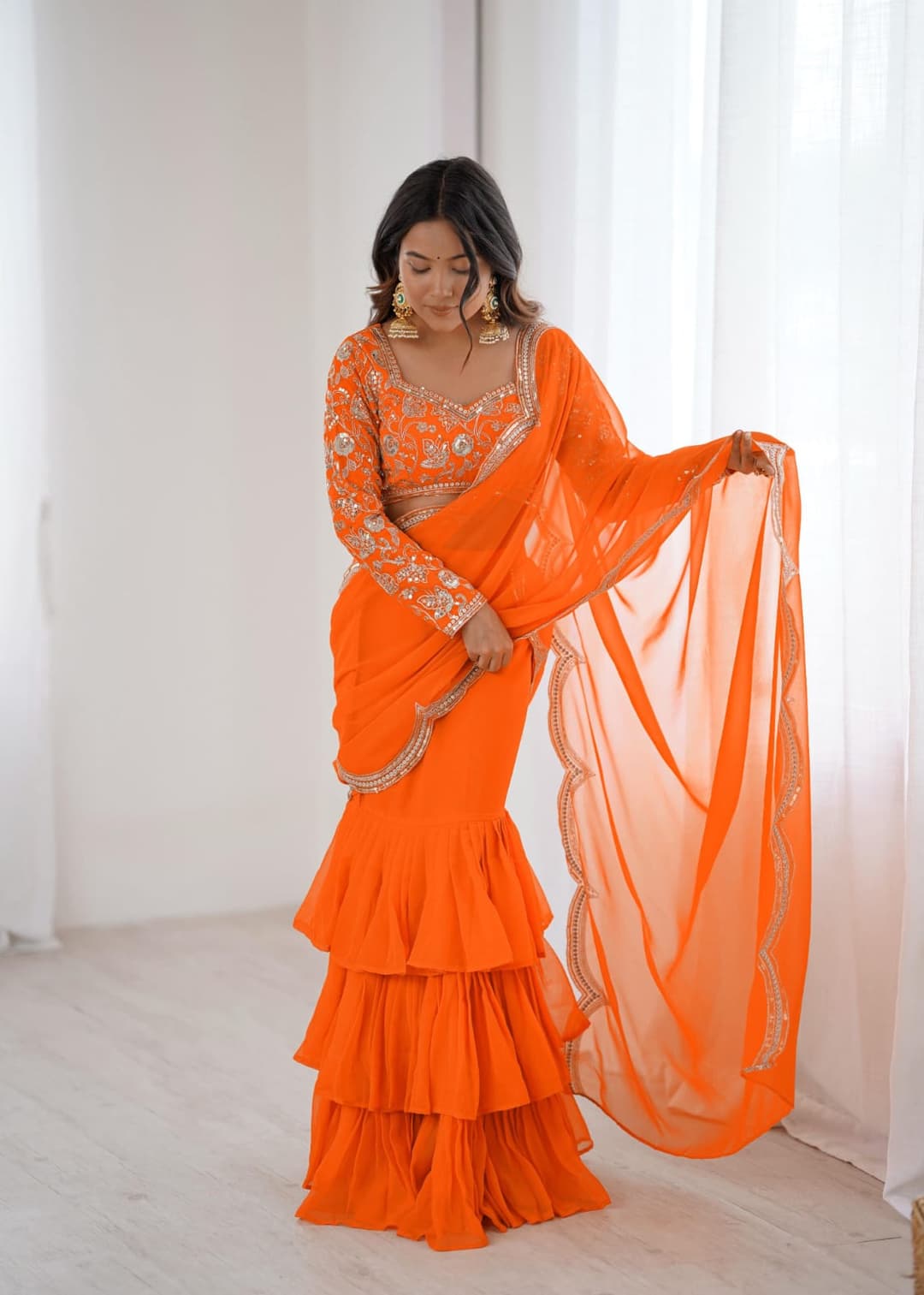 Women's Faux Georgette Ruffle Saree With Unstitched Blouse Piece 3
