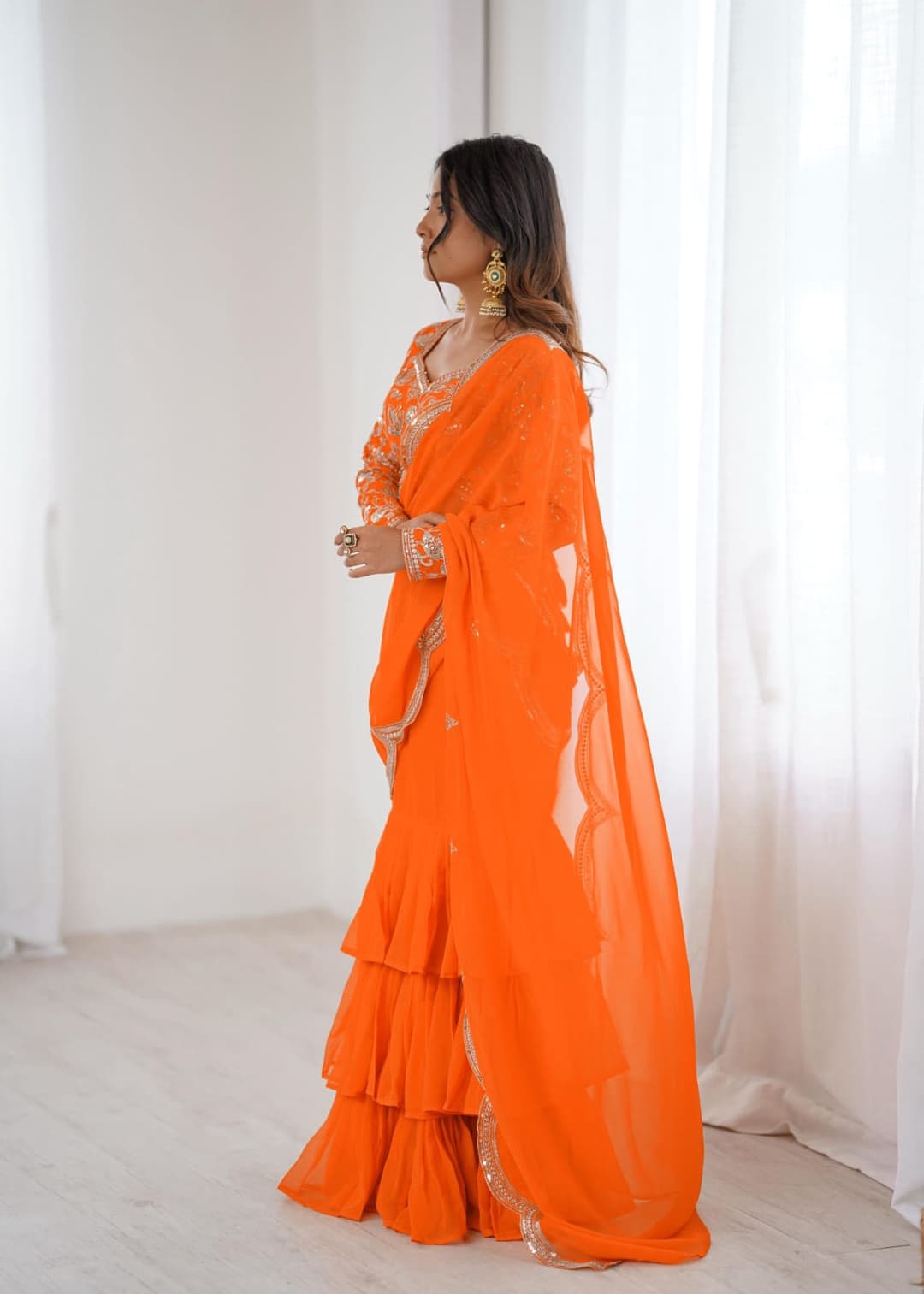 Women's Faux Georgette Ruffle Saree With Unstitched Blouse Piece 2