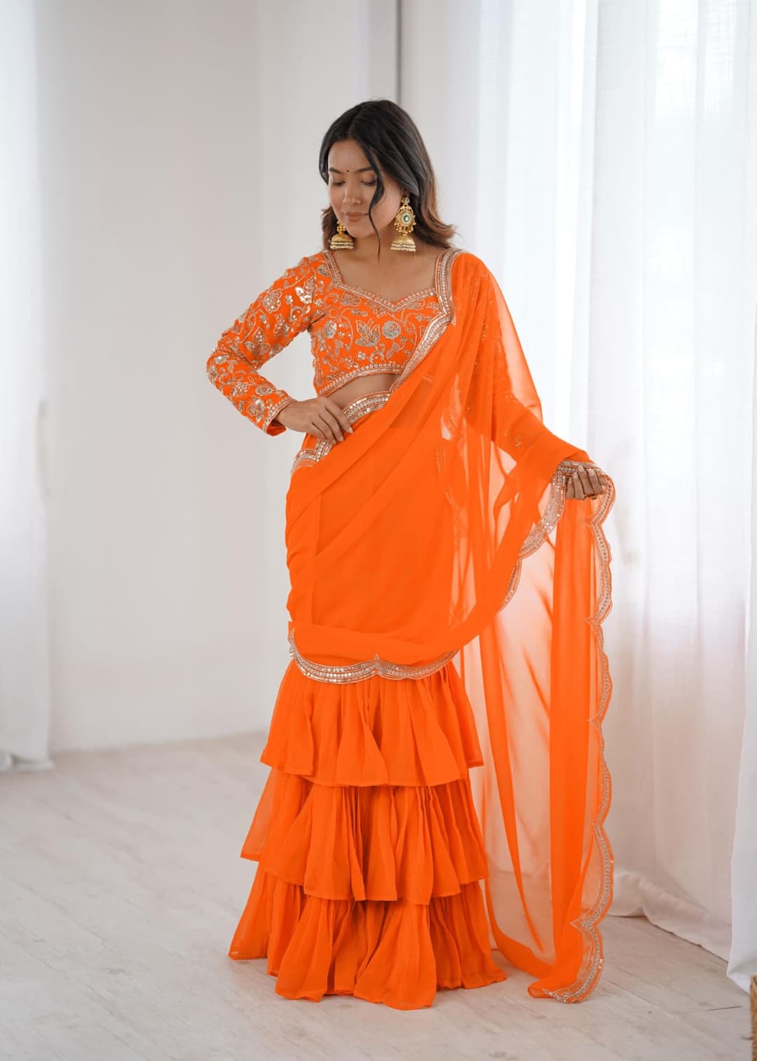 Women's Faux Georgette Ruffle Saree With Unstitched Blouse Piece 1