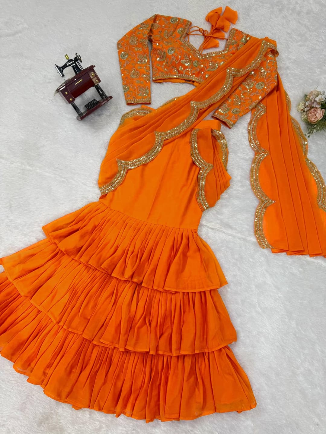 Women's Faux Georgette Ruffle Saree With Unstitched Blouse Piece 6