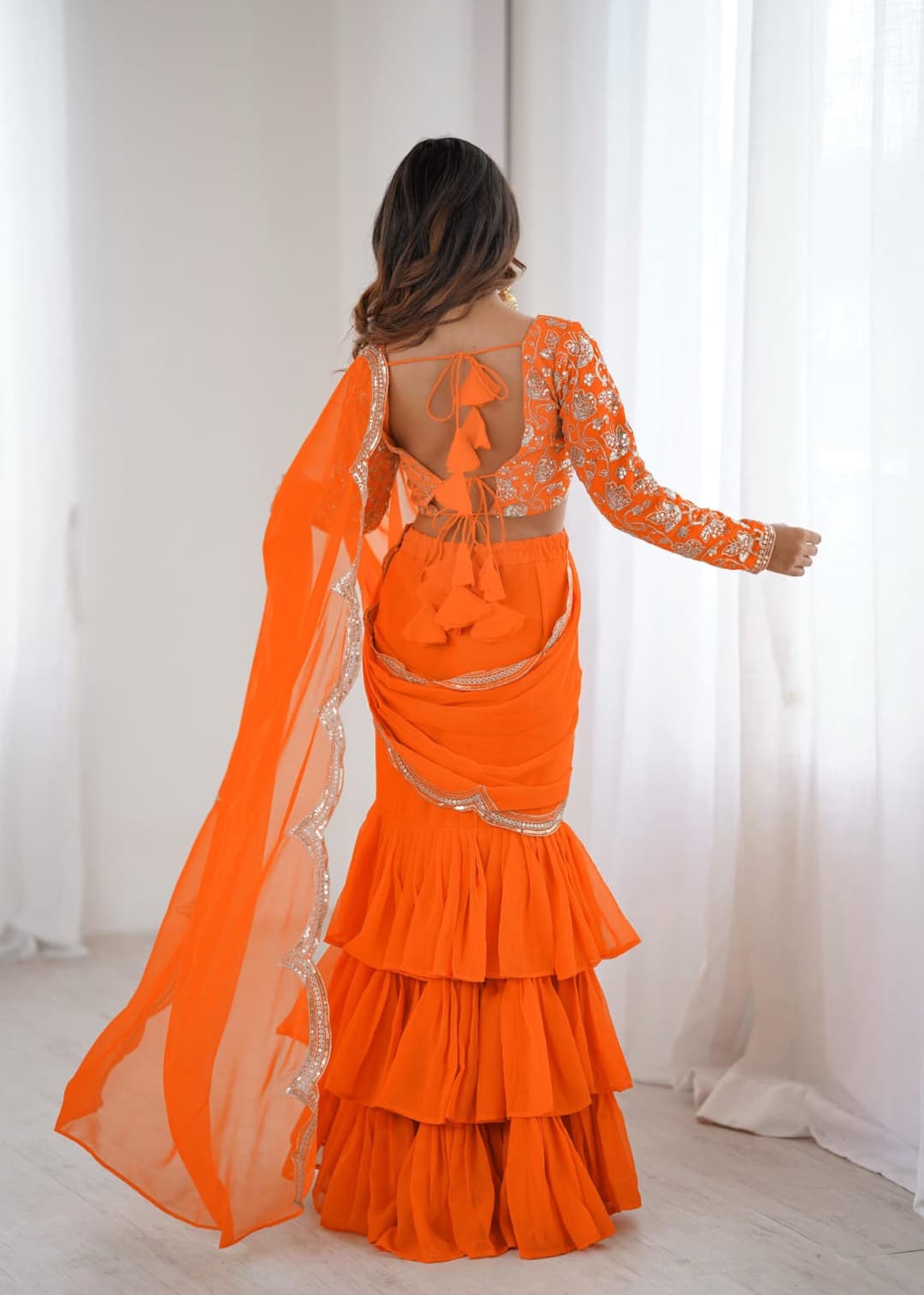 Women's Faux Georgette Ruffle Saree With Unstitched Blouse Piece 5