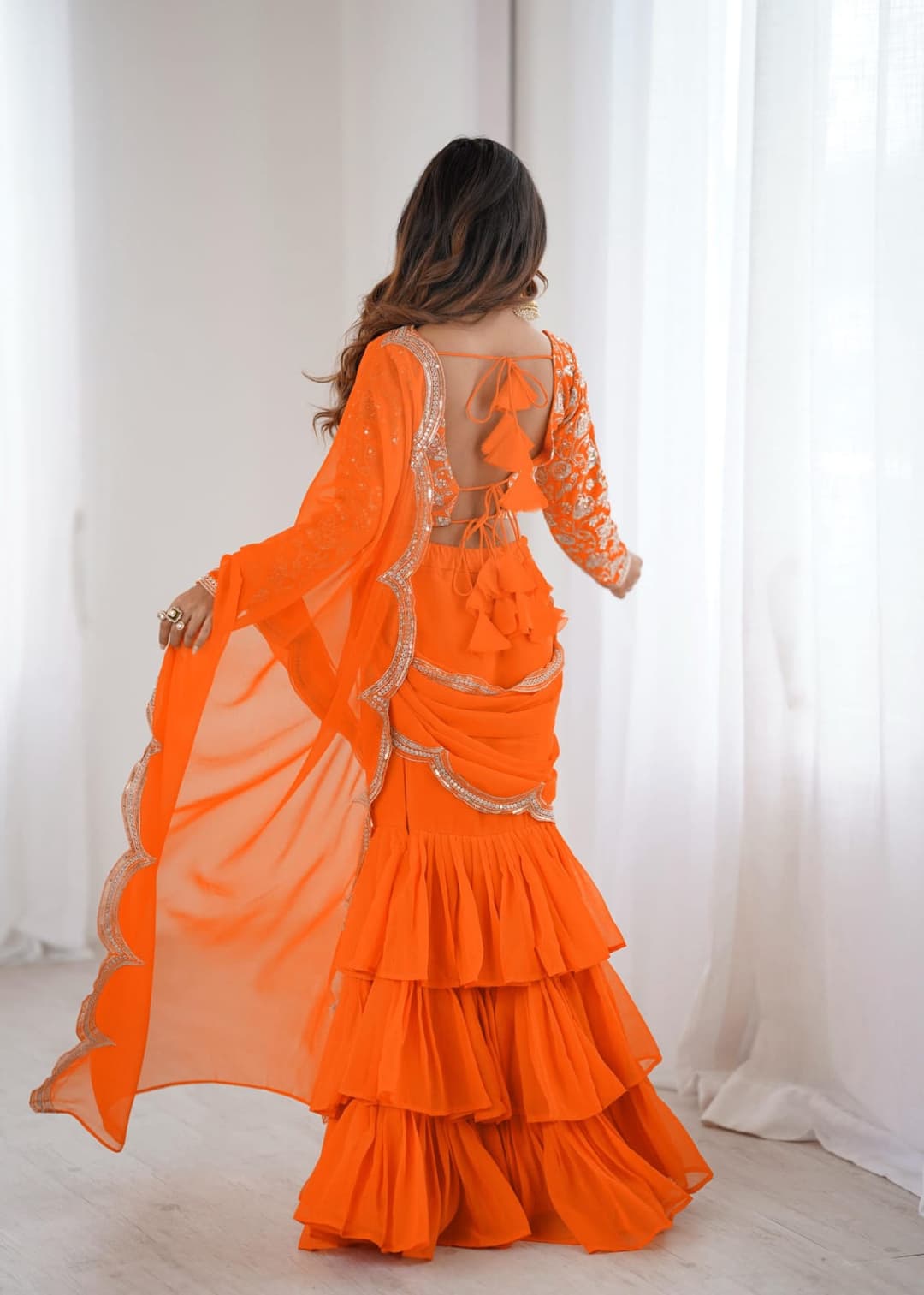 Women's Faux Georgette Ruffle Saree With Unstitched Blouse Piece 4
