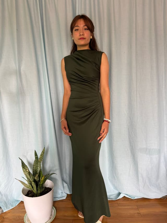 S Cube Collection Off-Shoulder Bodycon Dress with Ruched Waist & Shoulder