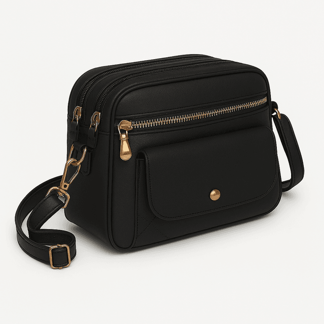 Elegant Black Crossbody Bag with Gold Accents