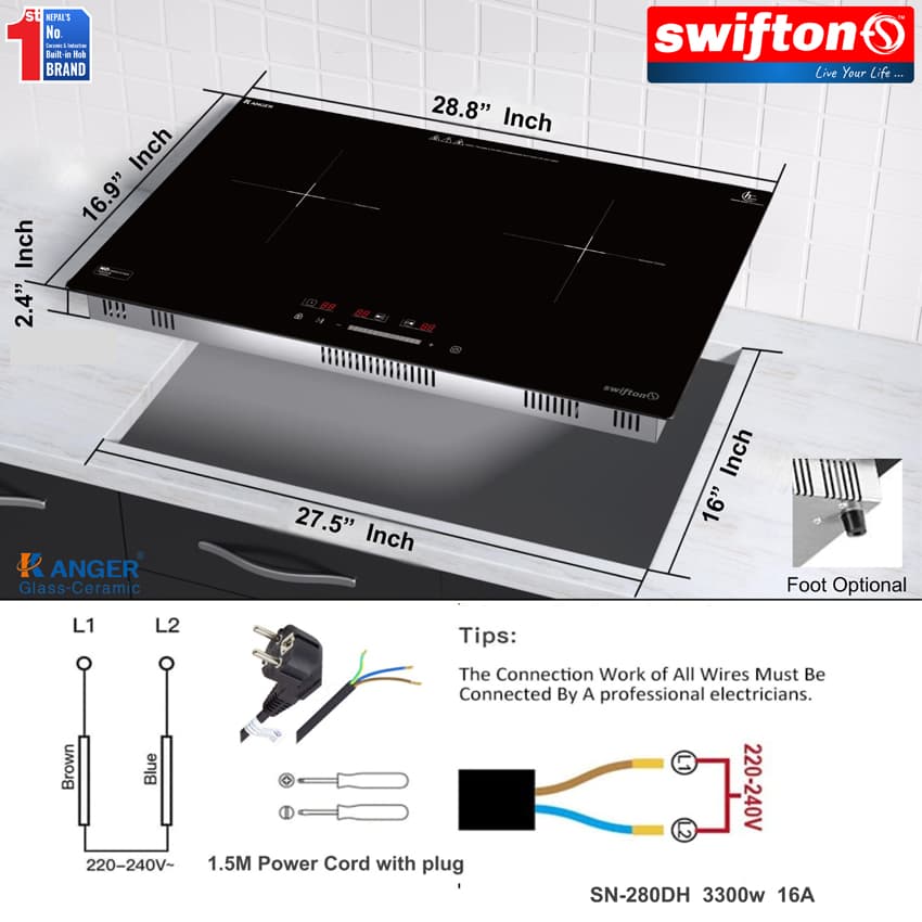 SWIFTON  73 cm Double 2 Induction Built in Hob Cooktop Ceramic Glass Child Lock Pause Timer SN-281DH 7