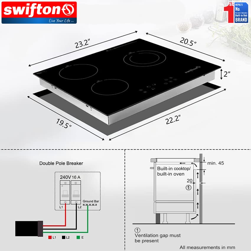 Swifton 60 cm Three 3 Induction Built in Hob Cooktop , Ceramic glass, Child Lock, Timer, SN-335TH 7